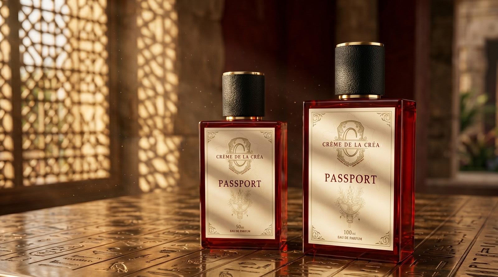 PASSPORT bottles in mashrabiya light