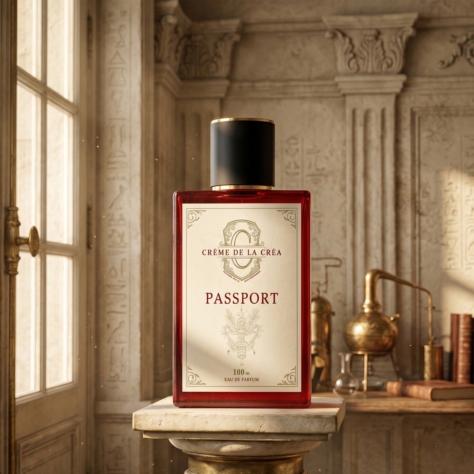 PASSPORT beside a copper still